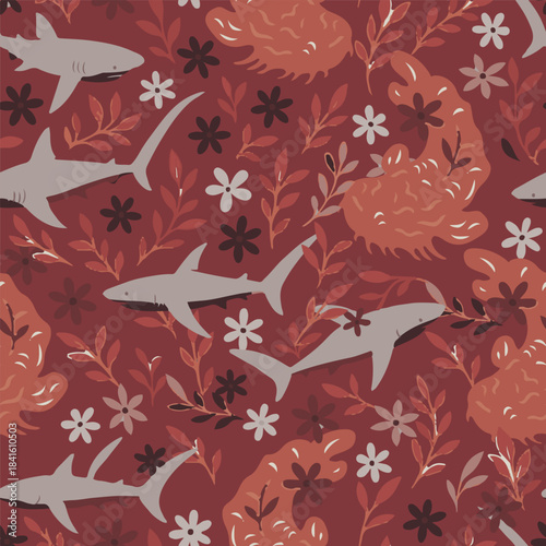 Commercial quality seamless pattern design featuring thresher sharks, wobbegong sharks, aster flowers, and leaves. Perfect for fashion, textiles.