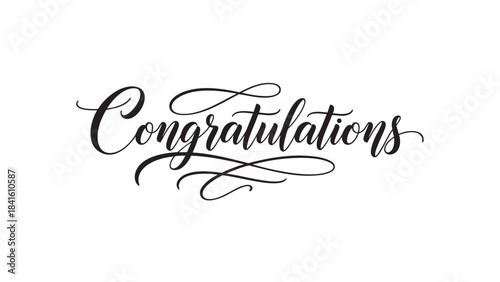 Elegant black calligraphic congratulations lettering with decorative flourishes perfect for celebrating special events and achievements