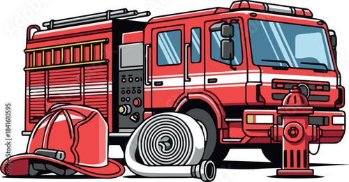 Firetruck, Helmet, Hose, Hydrant Emergency Response Vector Illustration on white background