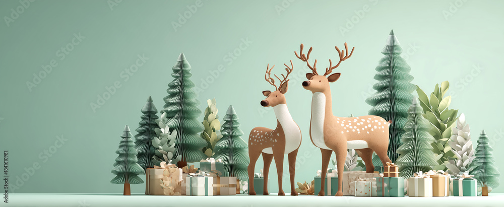 Fototapeta premium Fondo decorativo que representa un ambiente navideño con estética pastel, diseño moderno y una armoniosa composición invernal. Dos ciervos blancos entre árboles verdes, regalos pastel y follaje.