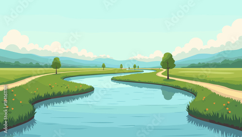 Bright rural lane flowing with river across vast fields