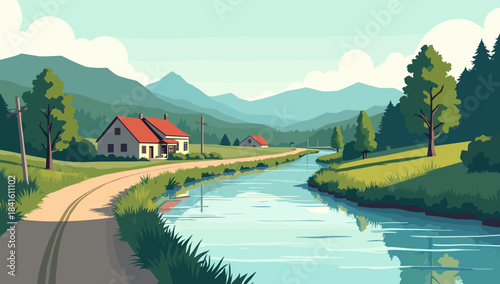 Cozy rural lane by reflective river with mountains