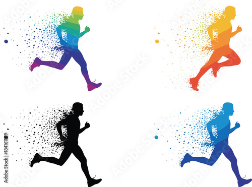 Colorful and monochrome runner silhouettes with dynamic particle effects illustrating motion, speed, athletic activity, and energetic sports movement in modern design