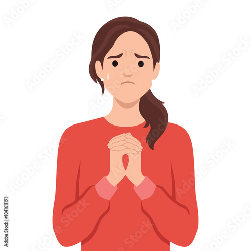 Worried Woman Begging with Sad Expression. Flat vector illustration isolated on white background