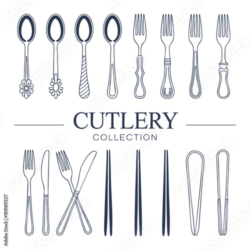 A diverse collection of minimalist line art icons for various eating utensils and cutlery