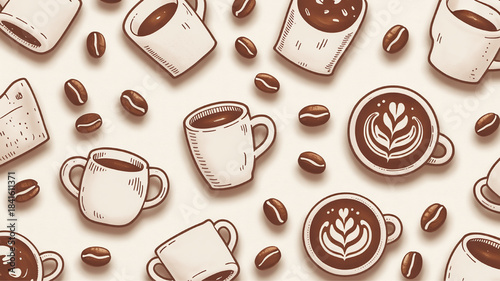 Collection of hand-drawn coffee cups and beans flat illustration with latte art perfect for cafe menus and breakfast themes