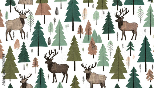 deer in the woods seamless vector pattern background