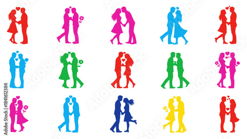 Collection of Diverse Couple Silhouettes in Romantic Poses.