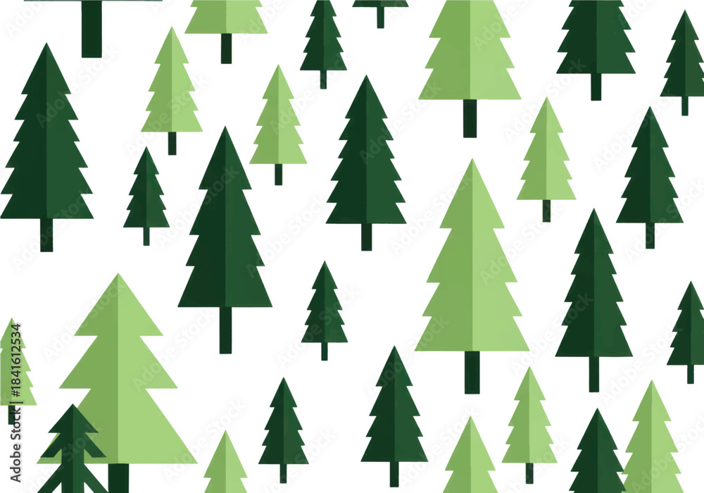 Fototapeta premium A delightful seamless pattern showcasing various stylized green pine trees, ideal for festive winter holiday backgrounds, textile designs, or nature-inspired graphic art
