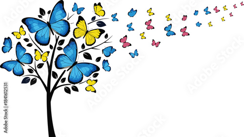 Colorful butterfly tree illustration with blue, yellow, and pink butterflies flying outward in artistic nature design symbolizing beauty, freedom, and transformation