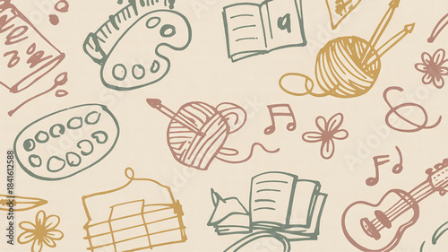 Hand-drawn doodle collection of art music and craft elements perfect for creative projects and backgrounds isolated on a textured paper