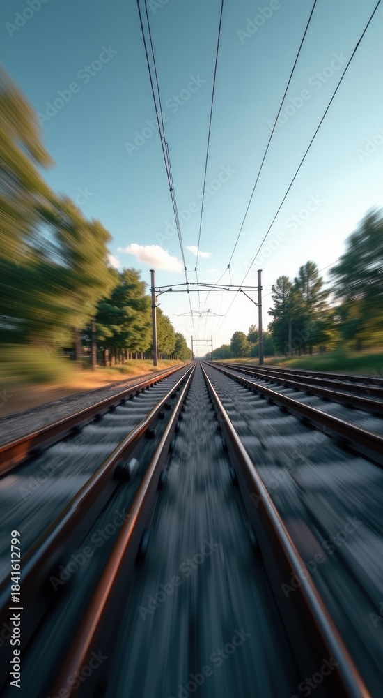 Fototapeta premium Blurry of a train track with trees in the background