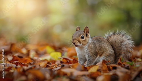 Wildlife photograph of a squirrel on forest floor amid leaves, mammal behavior