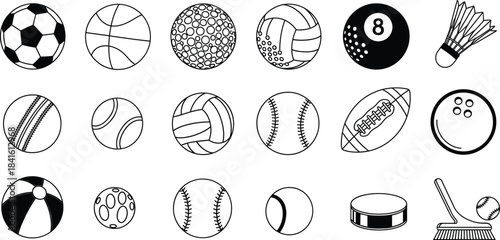 Vector illustration set featuring a variety of sports balls and equipment including soccer, basketball, baseball, golf, tennis, football, hockey, and more