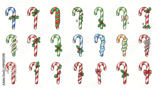 Collection of festive candy canes with various decorations.