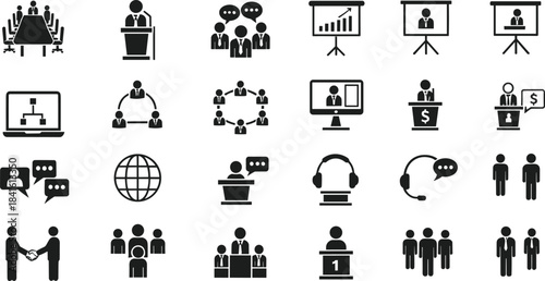 Vector illustration set featuring business icons including meetings, presentations, teamwork, communication, leadership, networking, customer support, and corporate concepts for professional design pr
