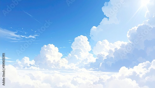 Bright Sunny Sky with Fluffy Cumulus Clouds and Radiant Sunlight Symbolizing Calm Weather and Editorial Styling for Nature and Lifestyle Use