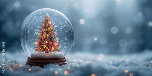 Christmas tree inside a glass ornament with snow, seasonal decoration for holiday display