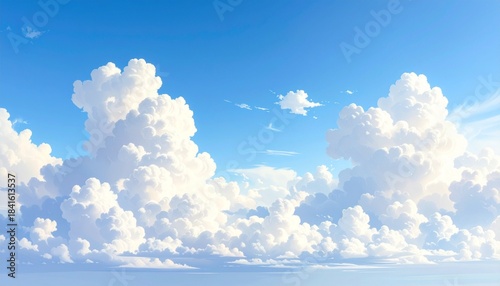 Bright Sunny Sky with Fluffy Cumulus Clouds and Radiant Sunlight Symbolizing Calm Weather and Editorial Styling for Nature and Lifestyle Use