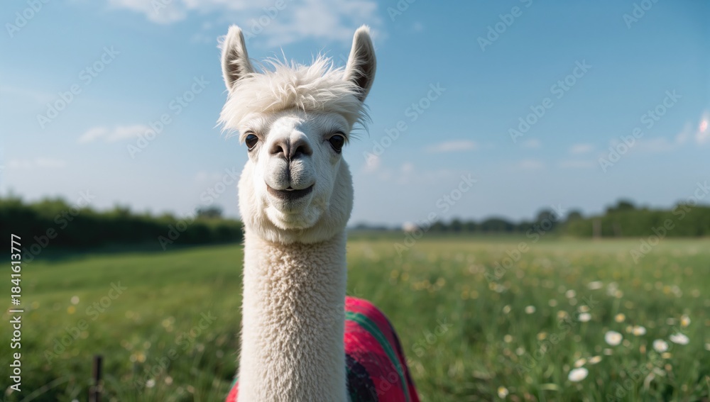 Naklejka premium Llama dressed in festive red and green sweater, highlighting animal clothing for winter, seasonal awareness day