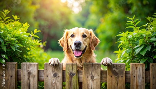 Golden Retriever Peeking Over Wooden Fence Surrounded by Green Foliage and Sunlight Symbolizing Curiosity and Editorial Styling for Pet and Lifestyle Use