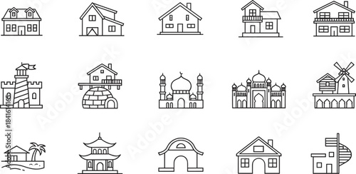 Vector illustration set featuring diverse architectural icons including houses, landmarks, temples, castles, igloos, windmills, and global building styles for design and travel projects