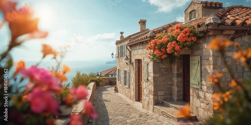 Fototapeta Naklejka Na Ścianę i Meble -  Historic dwellings with lantern lighting and floral accents near the ocean, highlighting architectural charm