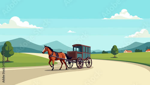 A horse pulls a vintage enclosed carriage along a winding countryside road horse-drawn cart on road