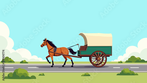 A trotting horse pulls a covered green wagon on a bright open road horse-drawn cart on road