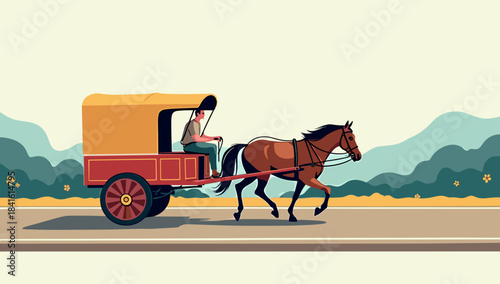 A brown horse pulls a red and yellow canopy carriage with a driver on a sunny roadside horse-drawn cart on road