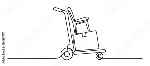 Furniture dolly with chair and box on white background for moving services