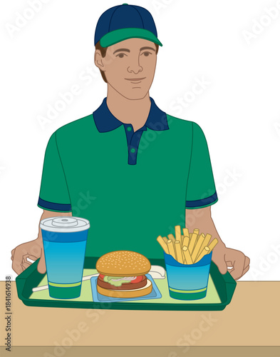 people food, male quick-server in a fast food outlet presenting a tray of burger, fries and soft drink at the counter isolated on a white background