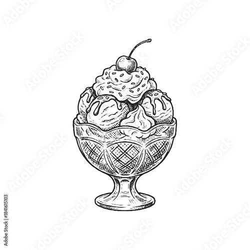 Classic Ice Cream Sundae Sketch Illustration
