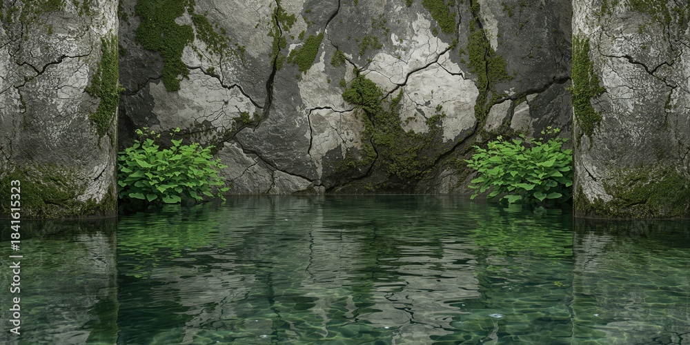 Fototapeta premium Natural stone formations with water and green plants, erosion risk in outdoor environments