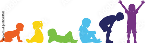 Colorful silhouettes of children showing stages of growth from crawling to standing, representing child development, progress, learning, and early childhood evolution