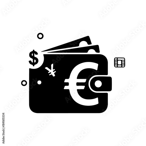 Icon representing a wallet with global currency symbols and electronic payment isolated on transparent background