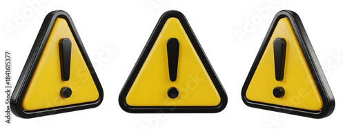 Three 3D Yellow Warning Triangle Signs PNG Transparent Background