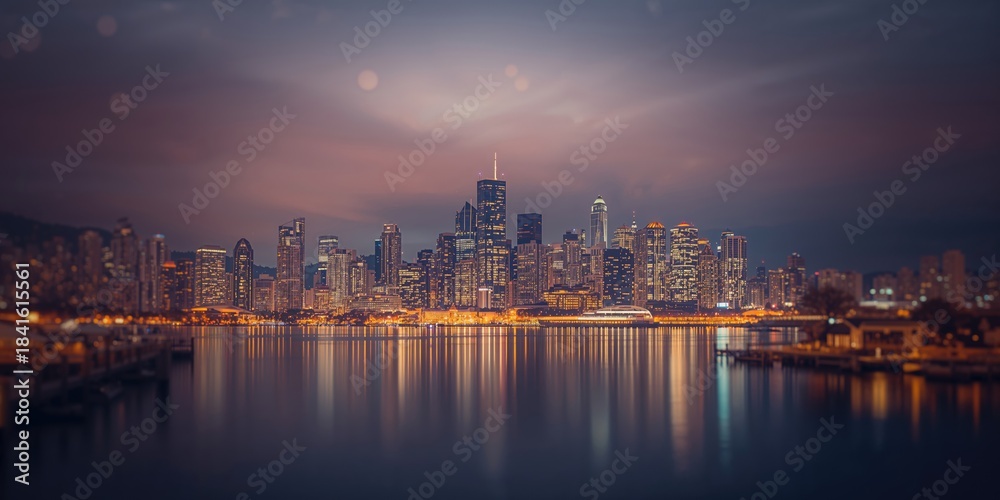 Obraz premium Vancouver skyline with bokeh effects during sunset, highlighting urban atmosphere, Earth Day