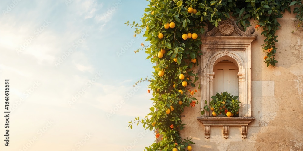 Fototapeta premium Facade of an ancient building with niches for decorative lemon plants, serving as an architectural preservation feature