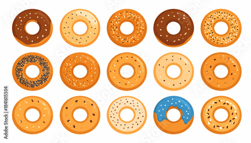 A collection of various bagels with different toppings and glazes, including plain, seeded, chocolate, and blue-iced, arranged on a white background.