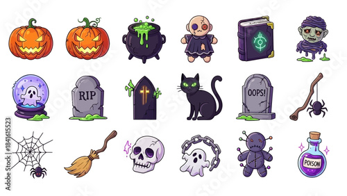 Collection of Halloween Icons and Symbols for Spooky Celebrations.