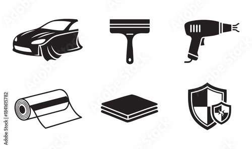 Paint Protection Film installation icons set for automotive detailing and vehicle protection