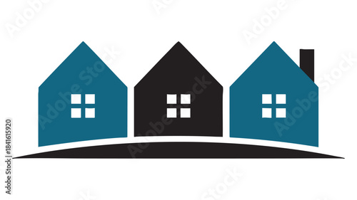 A modern and simple logo featuring three stylized houses representing real estate or community