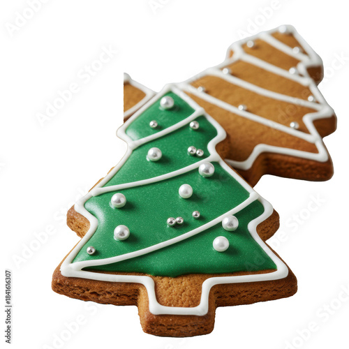 Wallpaper Mural Three perfect gingerbread christmas tree cookies, decorated with intricate green and white royal icing and metallic silver dragees, isolated on a bright white macro background. Concept of festive Torontodigital.ca