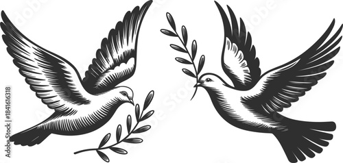 Two flying doves carrying olive branches, symbol of peace, purity, vintage engraved vector illustration sketch