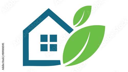 A stylized logo combining a house icon with two large green leaves, representing eco-friendly living