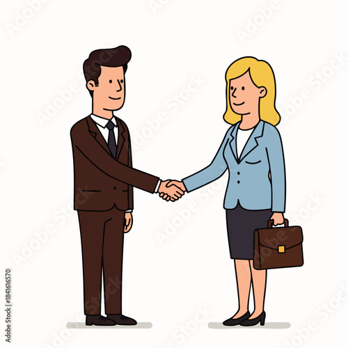 Two professionals, a man and a woman, confidently shake hands in a business agreement illustration.