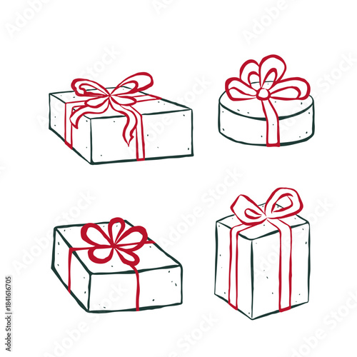 Isolated drawing gift boxes decorated red bows in retro sketch ink style. Flat vector illustration. Rough edges. Ideal for card, poster, social media. Christmas concept.