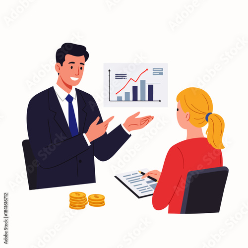 A smiling businessman in a suit discusses financial strategies and market growth with a female client, pointing to an upward trending chart during a professional meeting.