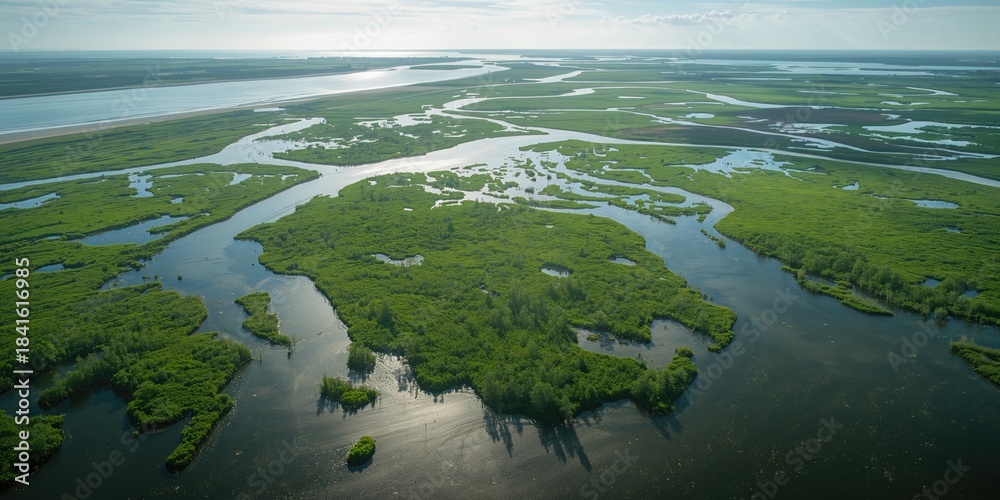 Fototapeta premium Bird's-eye perspective of coastal wetlands on an island close to Wolin, Poland, highlighting habitat conservation